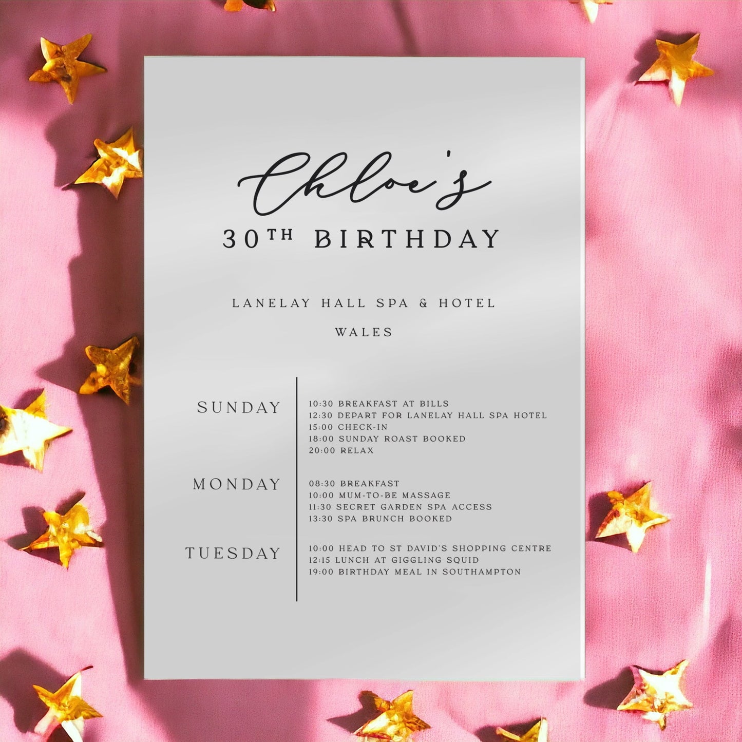 Personalised Birthday Weekend Itinerary Card - Ivy and Gold Wedding Stationery