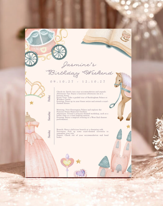 Jasmine Princess Birthday Itinerary & Invitation - Ivy and Gold Wedding Stationery