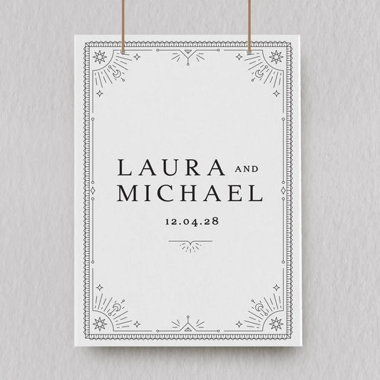 Wedding Welcome Sign With A Tarot Inspired Design. White Background With Black Ink.