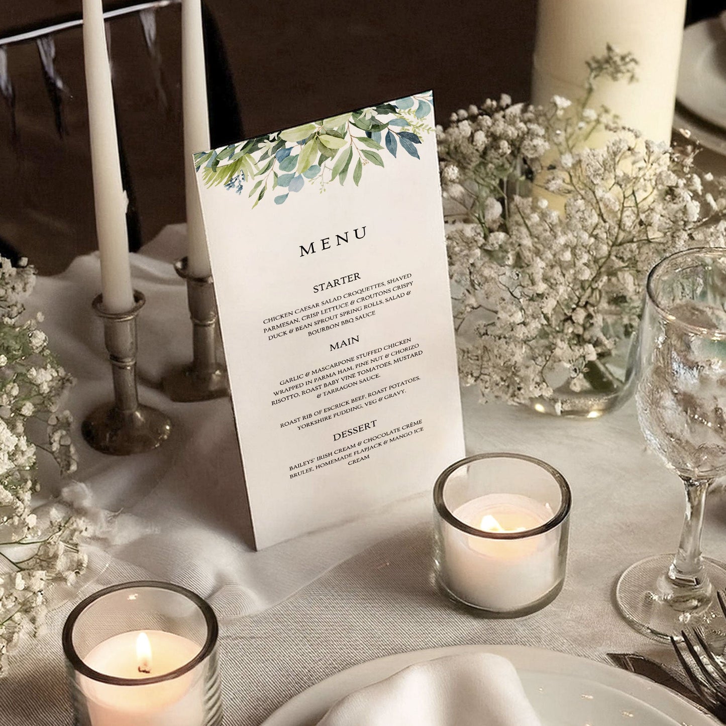 Lizzie Lush Greenery Wedding Menu Card | Verdant Botanical Design Ivy and Gold Wedding Stationery