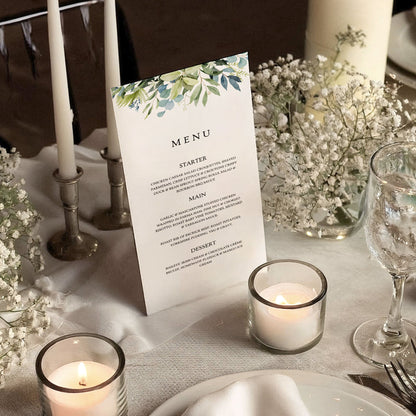 Lizzie Lush Greenery Wedding Menu Card | Verdant Botanical Design Ivy and Gold Wedding Stationery