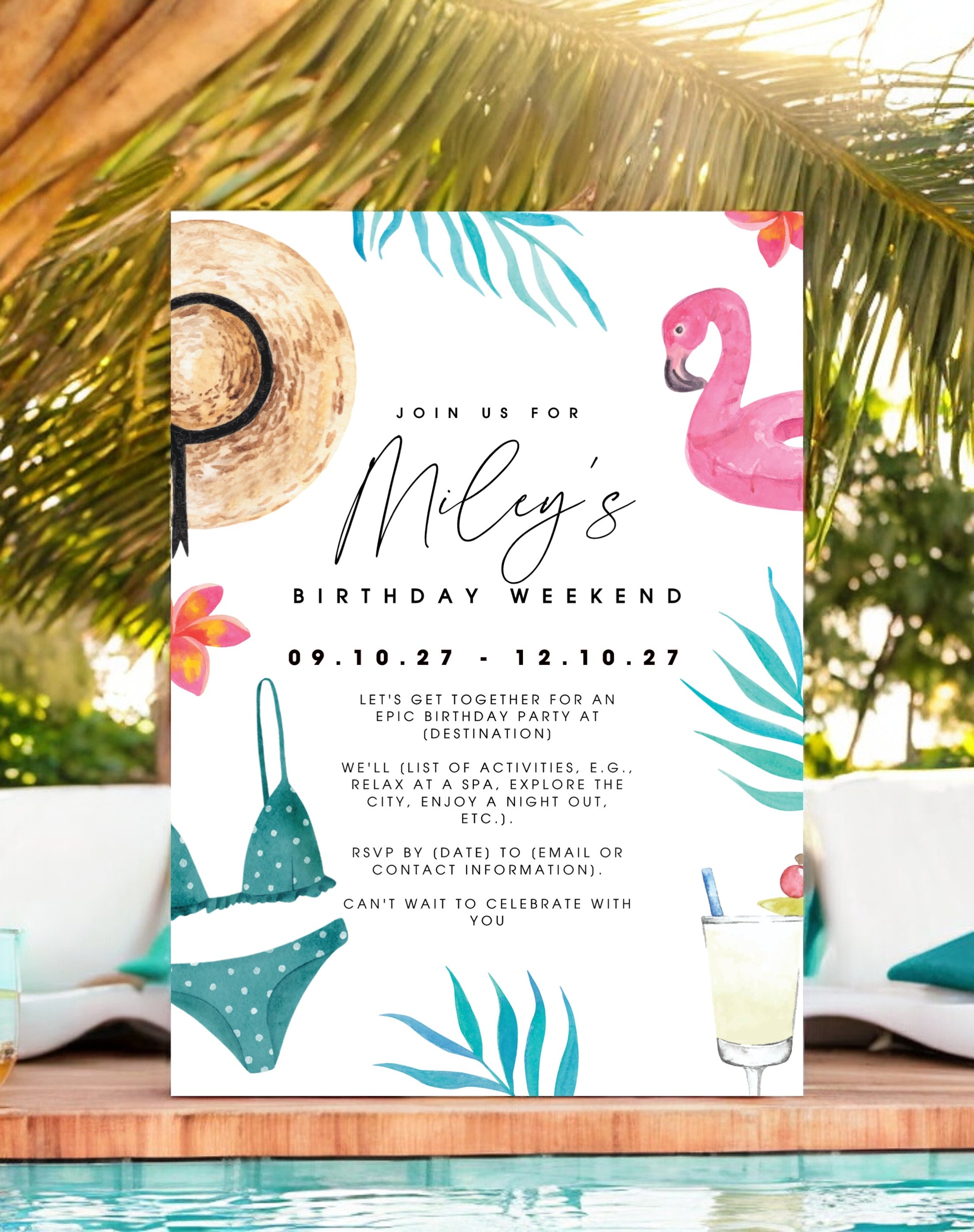 Miley Beach & Pool Party Birthday Itinerary & Invitation - Ivy and Gold Wedding Stationery