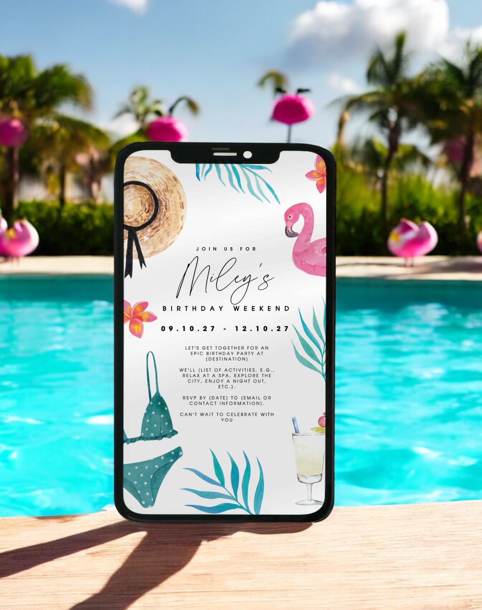 Miley Beach & Pool Party Birthday Itinerary & Invitation - Ivy and Gold Wedding Stationery