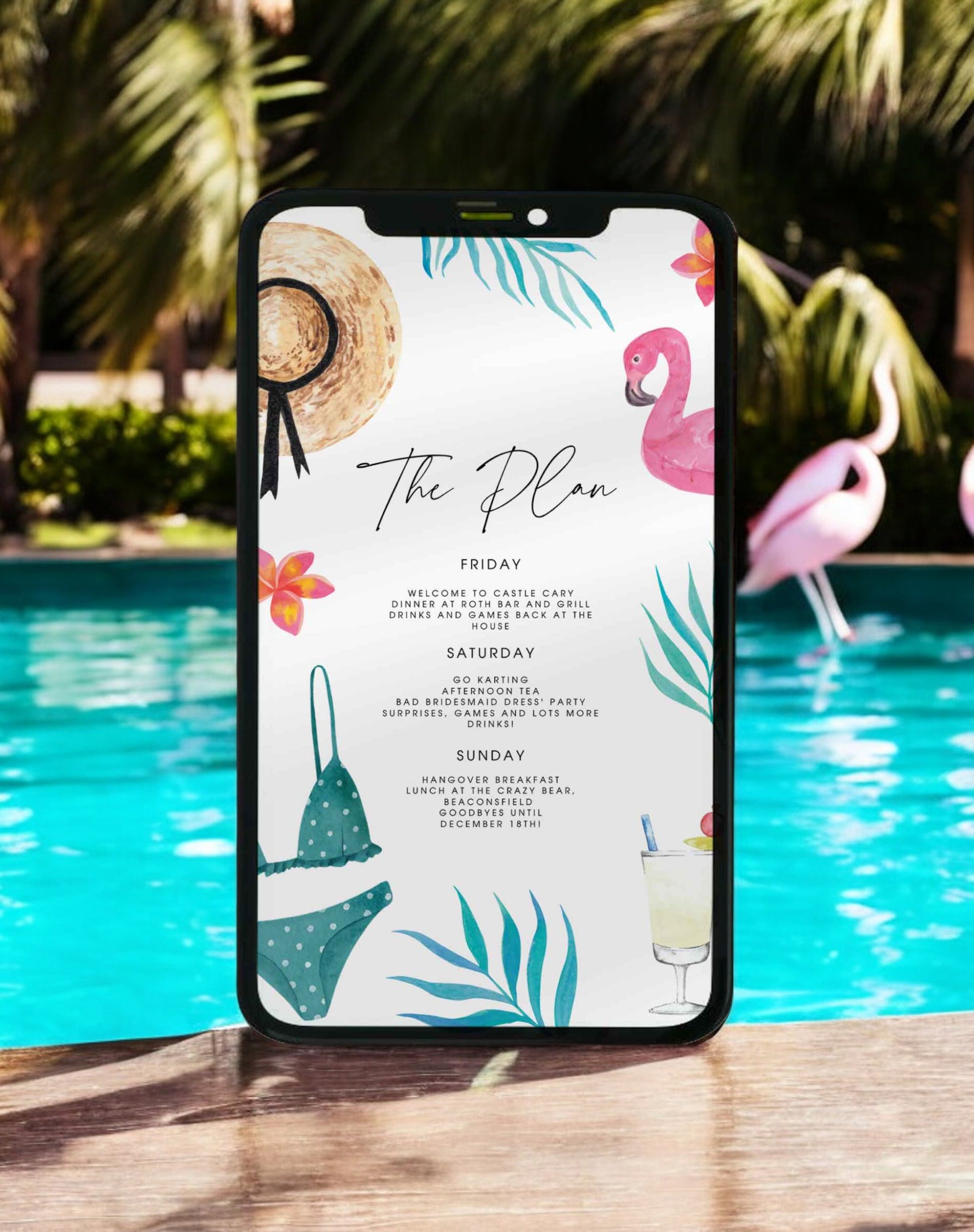 Miley Beach & Pool Party Birthday Itinerary & Invitation - Ivy and Gold Wedding Stationery