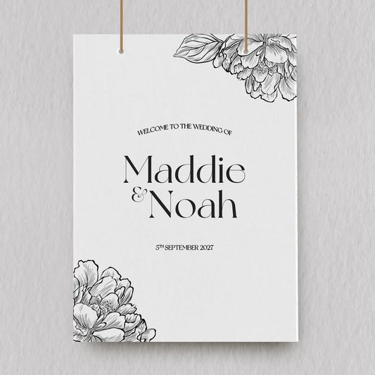 Floral Wedding Signage. Peony Illustrations In The Corners