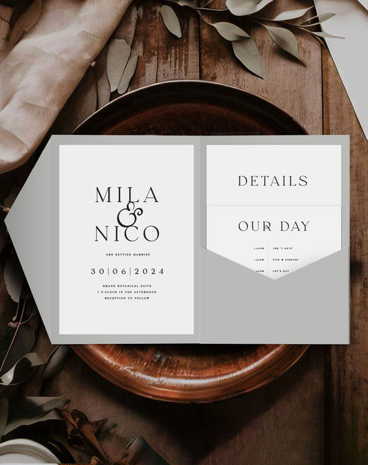 Mila Monochrome Pocketfold Invitation - Ivy and Gold Wedding Stationery
