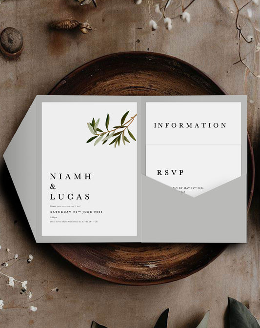 Niamh | Olive Pocketfold Invitation - Ivy and Gold Wedding Stationery