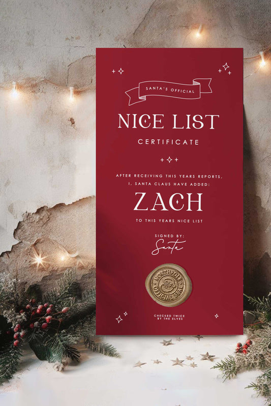 Santa's Nice List Certificate - Ivy and Gold Wedding Stationery