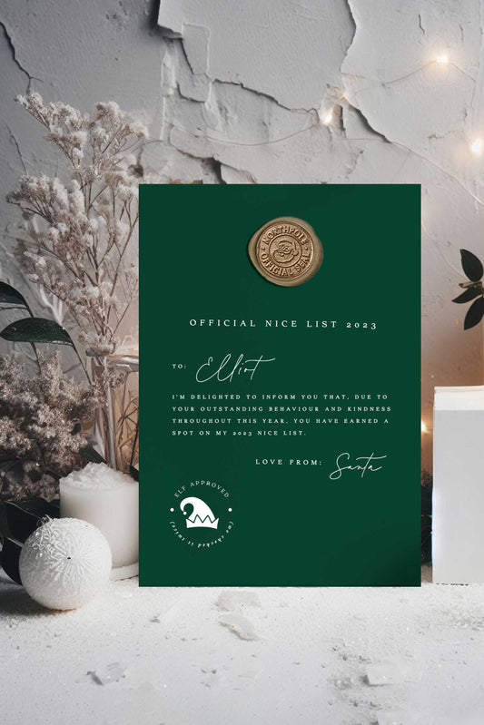Elf Approved Nice List Certificate - Ivy and Gold Wedding Stationery