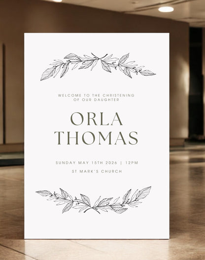 Orla Botanical Christening Welcome Sign - Ivy and Gold Wedding Stationery