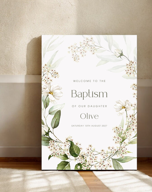 Olive White Floral Wreath Christening Welcome Sign - Ivy and Gold Wedding Stationery