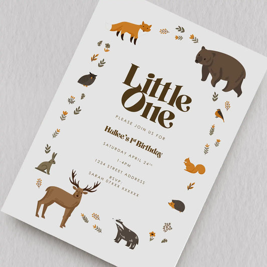 Birthday Invitation With Little One Written On It And Woodland Animal Illustrations