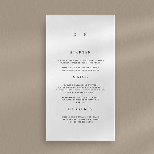 Zara Menu - Ivy and Gold Wedding Stationery