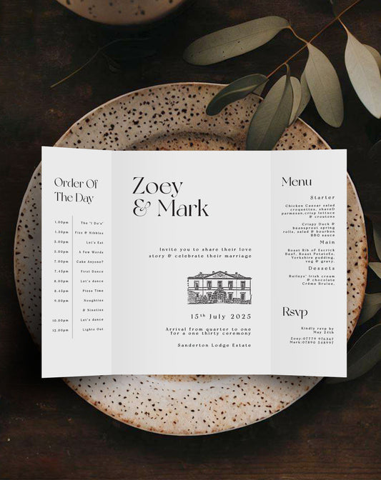Zoey Illustrated Venue Gatefold Invitation - Ivy and Gold Wedding Stationery